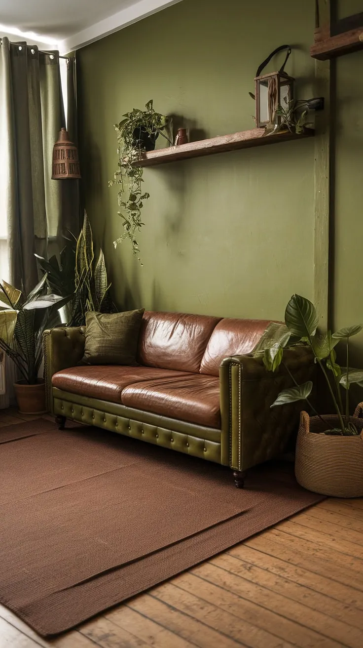 Sink into the comforting embrace of this rustic green living room. The deep green walls, brown leather sofa, and warm wooden floors create a haven of tranquility, perfectly complemented by the lush greenery and earthy tones. A perfect blend of nature and comfort.
