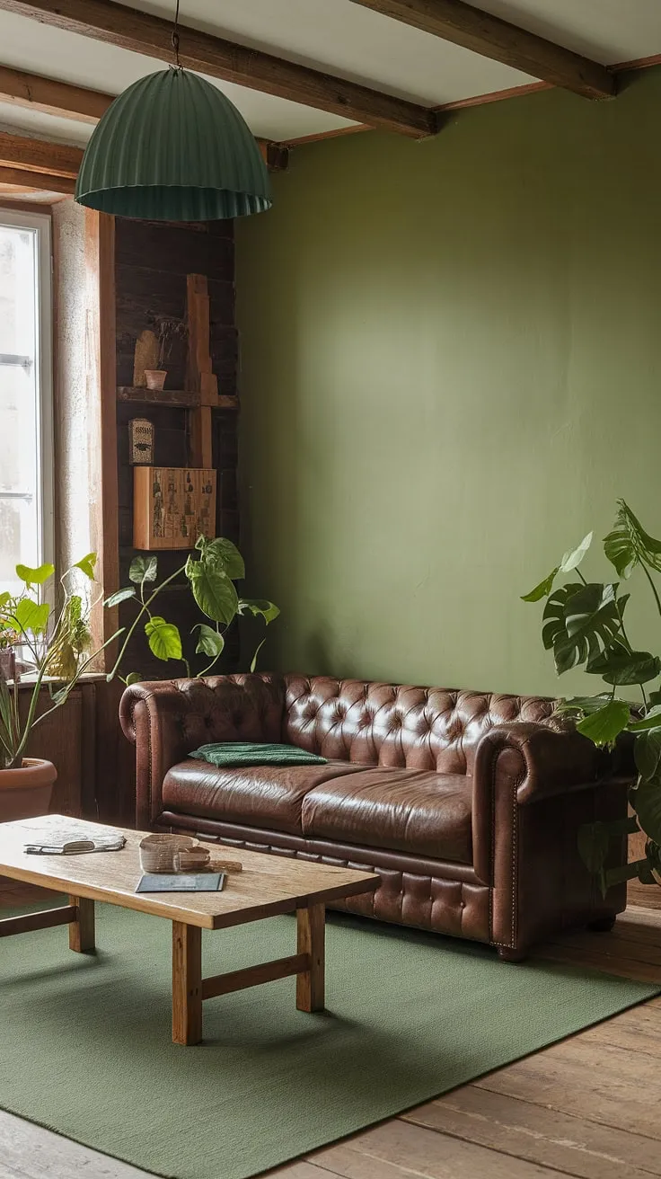 This charming living room effortlessly blends rustic charm with modern comfort. The earthy green palette, from the walls to the rug, creates a sense of serenity, while the brown leather sofa offers a luxurious touch. The wooden beams and coffee table add warmth and texture, making this space a true sanctuary. A simple potted plant brings the outdoors in, completing the inviting ambiance.