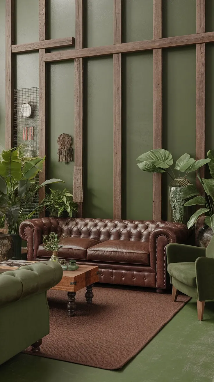 A symphony of greens and browns unfolds in this rustic living room. The rich textures of the leather sofa and wooden coffee table contrast beautifully with the vibrant green walls and flourishing plants, creating a space that is both inviting and sophisticated. A perfect blend of nature and comfort.