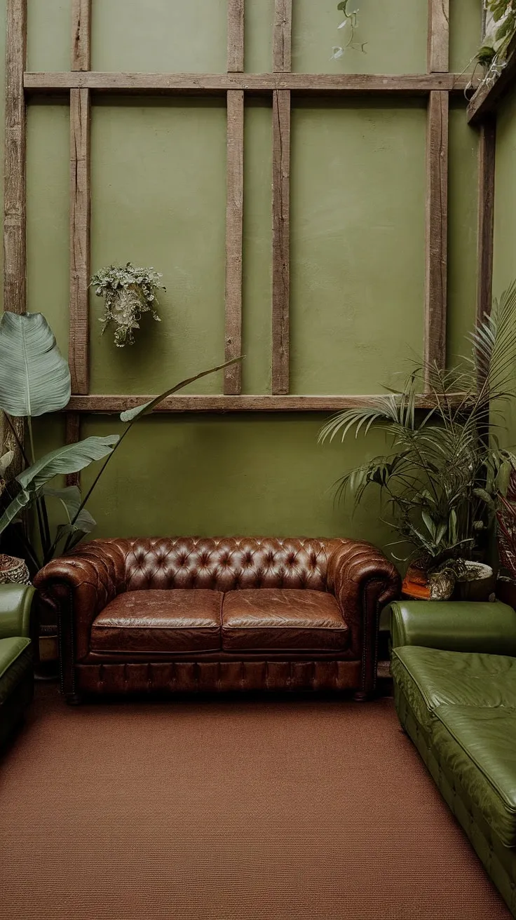 Escape to this verdant sanctuary, a rustic living room bathed in the calming hues of green. The deep brown leather sofa and coordinating green couch offer a welcoming contrast against the textured green walls and wooden beams, creating a space that feels both cozy and wild. A true testament to bringing the outdoors in.