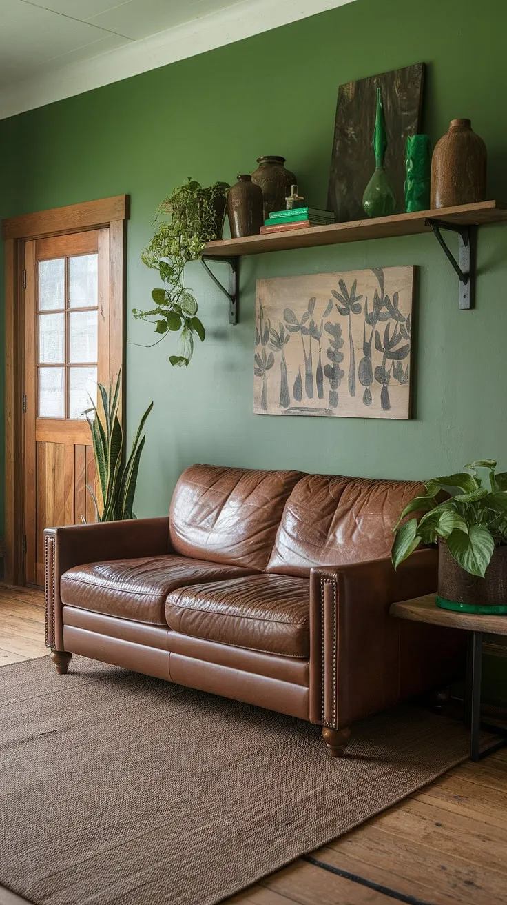 Sink into comfort in this rustic green haven. The rich tones of the leather couch and wooden accents create a warm and inviting atmosphere, perfectly complemented by the lush greenery, bringing the outdoors in. A sanctuary of calm awaits.
