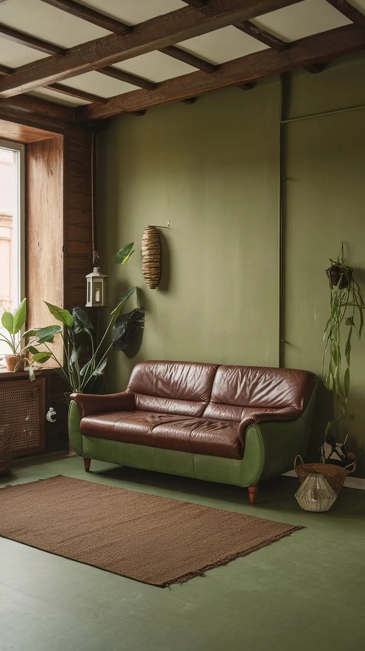 This green and brown apartment is a haven of tranquility. The rich textures of the leather sofa and the wooden beams create a sense of warmth and comfort, while the calming green walls provide a backdrop for relaxation. The carefully chosen accessories, from the potted plant to the woven basket, add personality and charm. It's a space where you can unwind and enjoy the simple pleasures of life, a true reflection of a design principles.