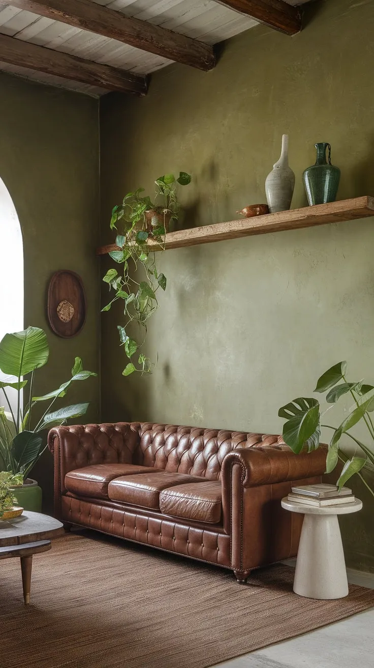 Sink into the comforting embrace of this rustic green living room, where the textured walls and rich brown leather sofa create a haven of tranquility. The pops of green from the plants and ceramic pot add a touch of vibrancy, perfectly complementing the earthy tones. A perfect space to unwind and reconnect.