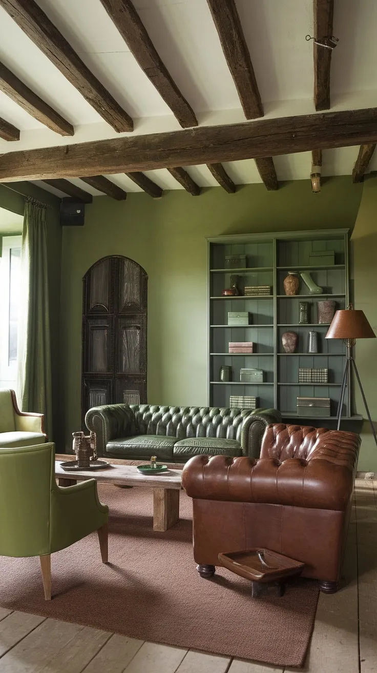 This green-hued living room is a testament to rustic elegance. The exposed wooden beams, vintage lamp, and thoughtfully chosen accessories create a space that is both stylish and incredibly inviting. A sanctuary for relaxation and quiet contemplation.