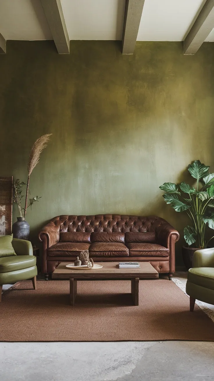 Rustic charm meets modern comfort in this inviting living room. The textured green walls, exposed beams, and rich brown leather sofa create a space that's both cozy and sophisticated. A touch of nature with the potted plant adds to the calming atmosphere. The overall design is a testament to the power of thoughtful layering and the beauty of natural materials.