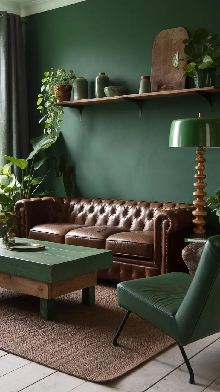 This richly textured living room is a testament to the power of a cohesive color palette. The deep jungle green walls act as a stunning backdrop for the brown leather furniture, creating a space that is both inviting and visually striking. Every element, from the wooden coffee table to the carefully chosen plants, contributes to the overall sense of relaxed luxury and quiet sophistication. A true haven of comfort and style.