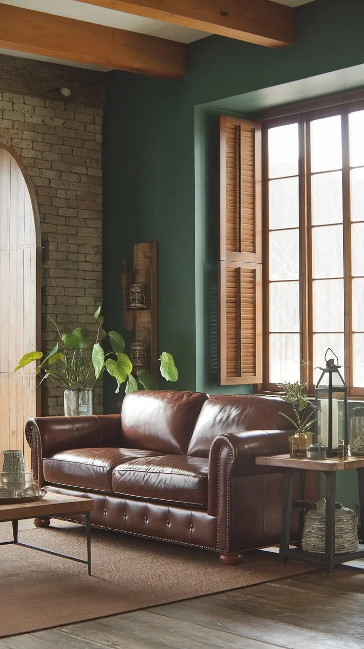 Sun-drenched serenity in this rustic retreat. The deep green walls, exposed beams, and rich leather sofa create a haven of comfort and style, perfectly complemented by the warm glow of natural light streaming through the shuttered window. A touch of nature, in the form of a leafy plant, adds to the inviting atmosphere.