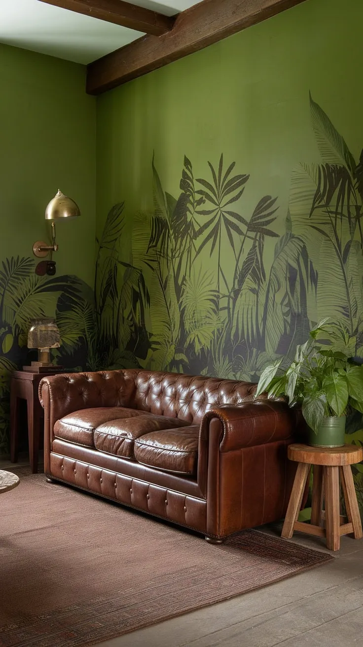 Sun-drenched serenity in this rustic green living room. The deep jungle green walls, brown leather sofa, and warm wooden accents create a haven of calm and comfort. A touch of nature with the leafy green plant completes this inviting space.