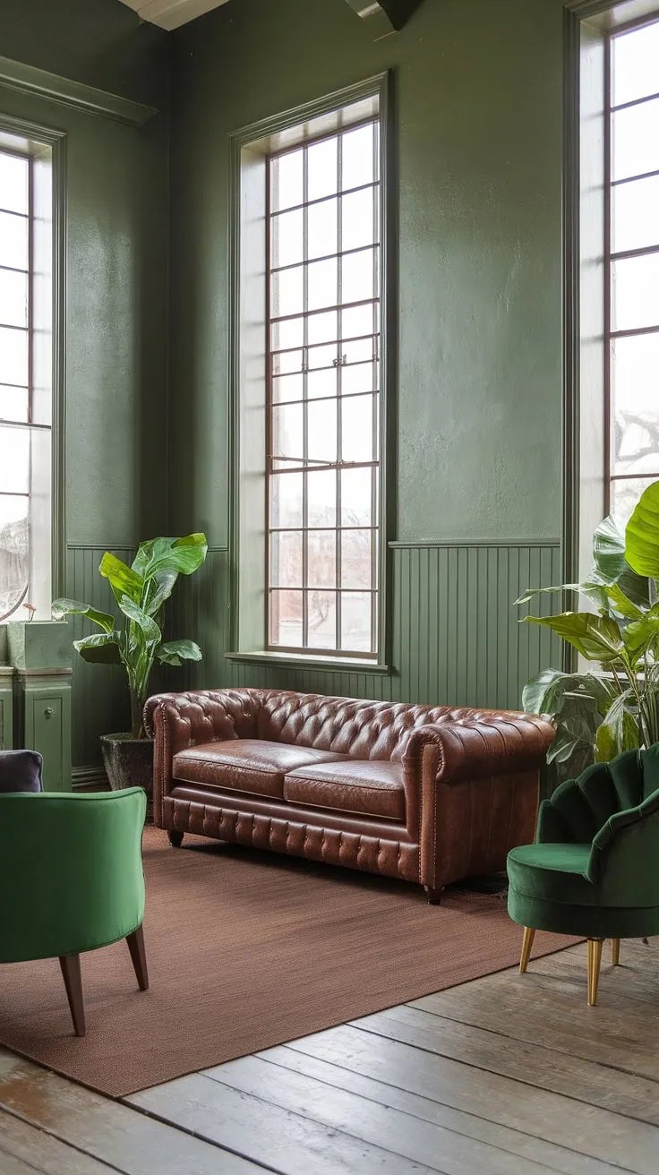 Sun-drenched serenity in this rustic green living room. The textured walls, brown leather sofa, and plush velvet chair create a haven of comfort and style, perfectly complemented by the warm wood floors and a touch of greenery. A perfect blend of nature-inspired hues and inviting textures.
