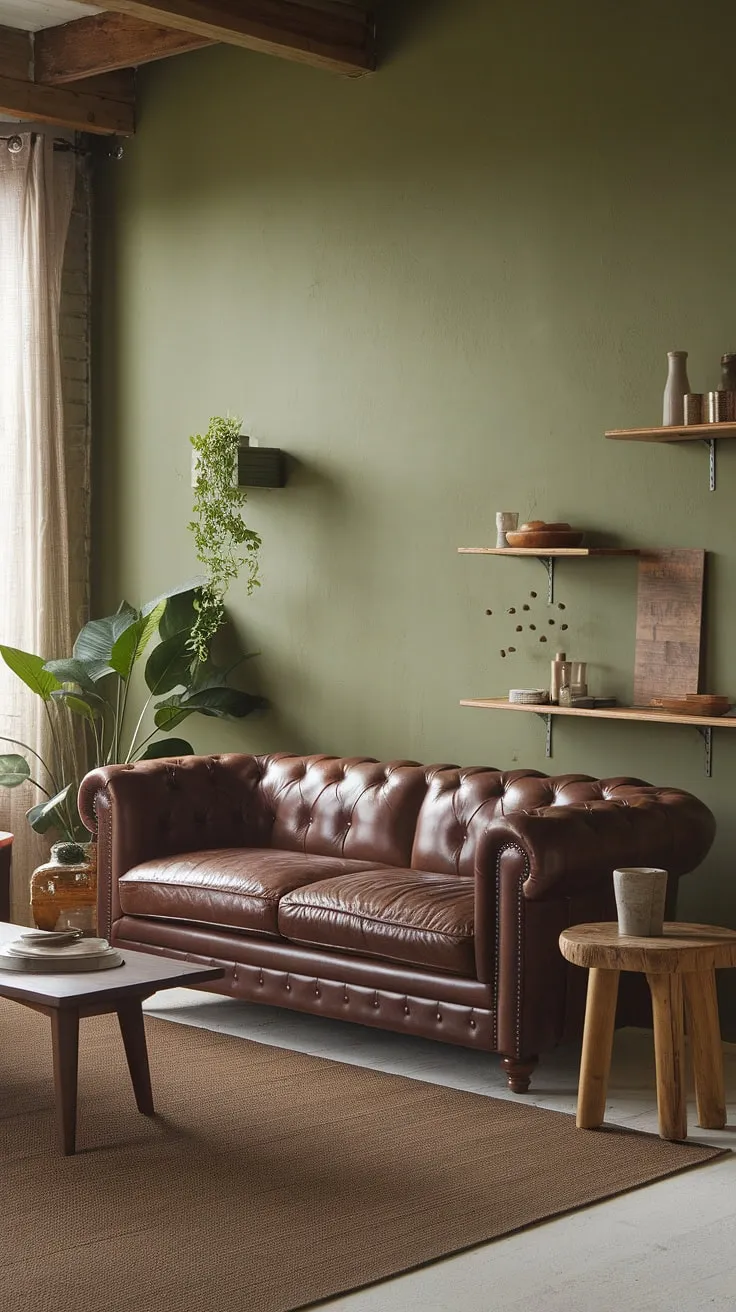 Sink into comfort in this rustic green living room. The rich brown leather sofa, complemented by warm wooden accents and a touch of greenery, creates a haven of tranquility. A perfect space to unwind and reconnect.