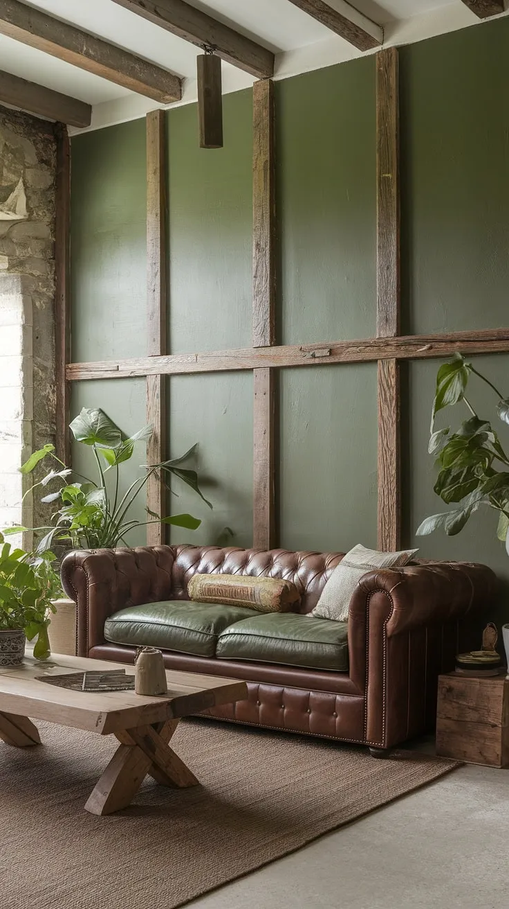 Sink into the comfort of this rustic haven. The earthy tones of the brown leather sofa and wooden coffee table are beautifully balanced by the vibrant green walls and plush cushions. A tranquil escape, perfectly styled for relaxation.