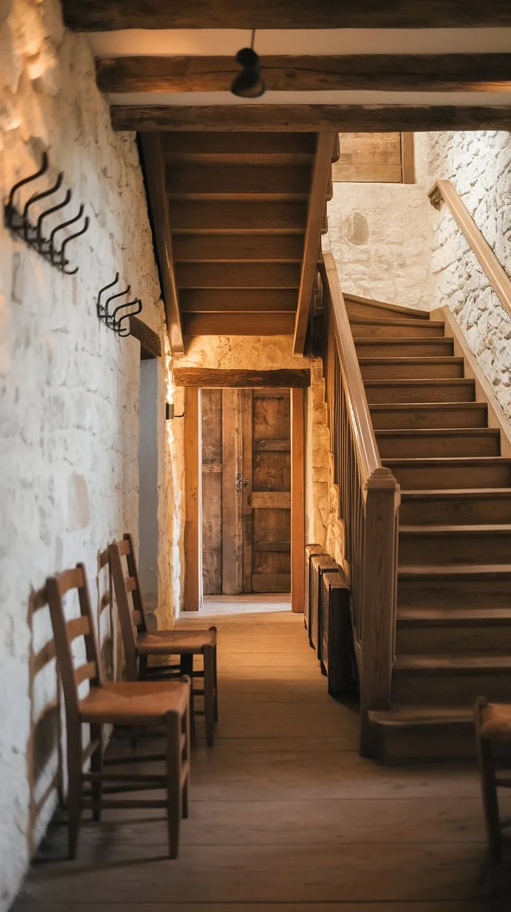 A journey through time begins here, in this dimly lit hallway. The rough-hewn stone and aged wood whisper tales of generations past. A few simple chairs sit patiently, awaiting weary travelers. A heavy wooden door beckons at the end, promising further adventures. A timeless scene, rich with character and charm.