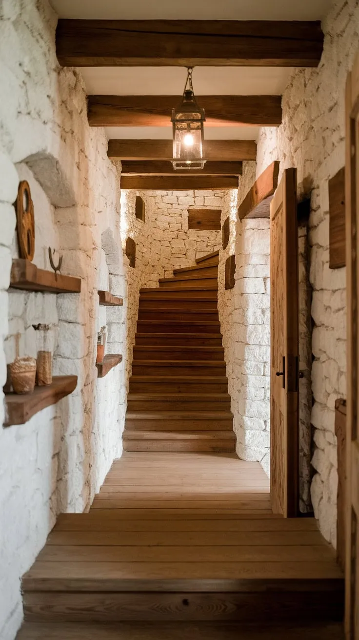 A charming hallway, where the aged stone and warm wood create a haven of rustic elegance. A simple lantern casts a gentle light, highlighting the carefully chosen decorative items on the shelves. A perfect blend of comfort and character.