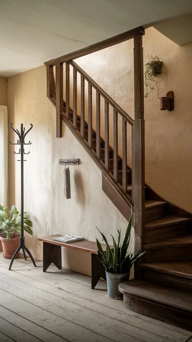 This rustic hallway, with its textured walls and aged wood, whispers stories of time gone by. A charming bench sits at the foot of the staircase, a perfect spot for contemplation. The carefully chosen details, from the coat rack to the potted plants, contribute to the overall feeling of A peaceful and inviting home.