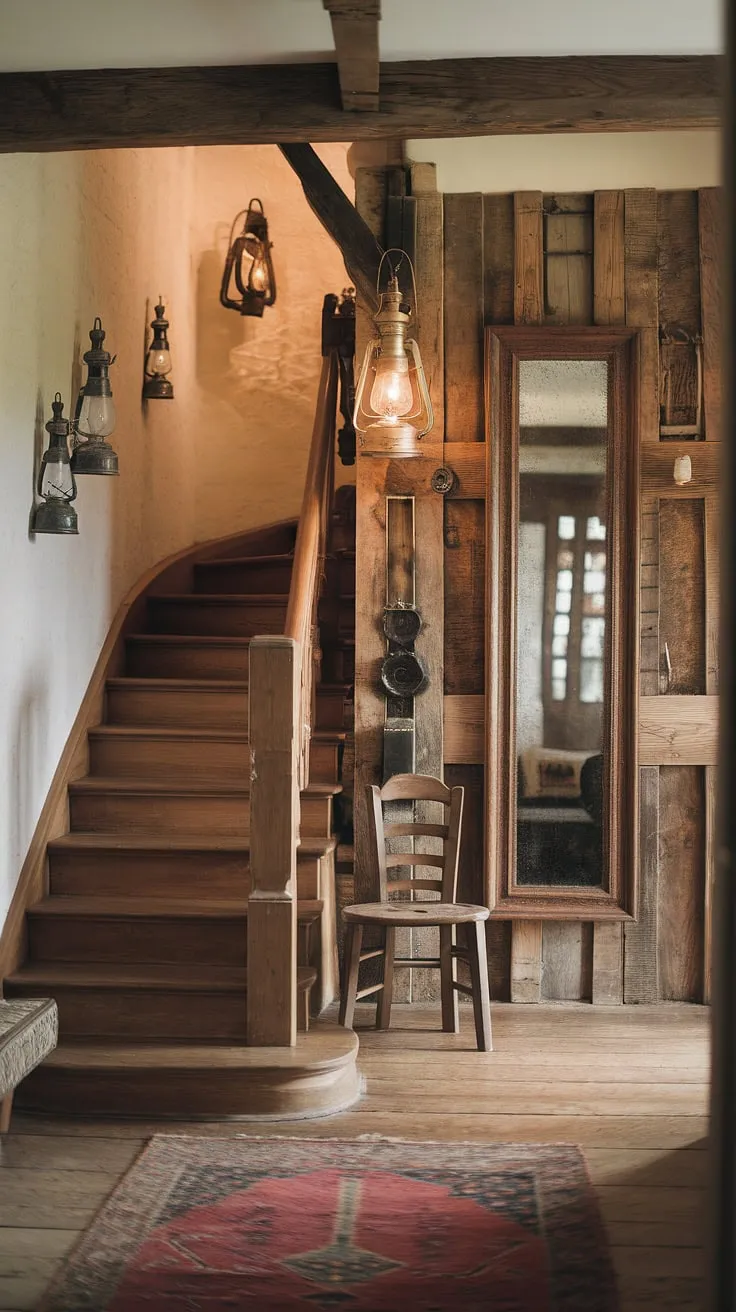 The comforting warmth of this rustic hallway, illuminated by vintage lanterns, beckons you to ascend the wooden staircase. A weathered chair and antique rug complete the scene, creating a space of unparalleled character and quiet elegance.