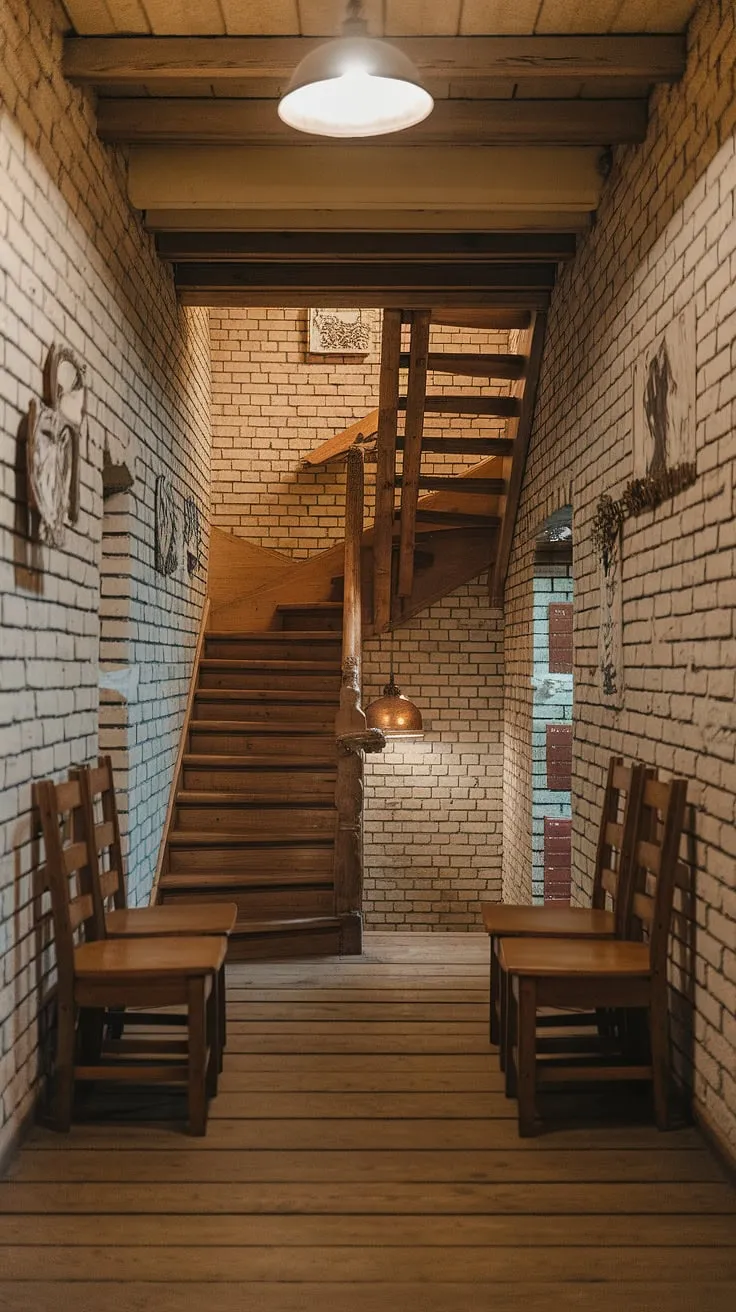 The warm glow of the hanging lamp illuminates the rustic charm of this hallway, its aged brick walls and wooden staircase whispering tales of time gone by. A few simple wooden chairs sit patiently, awaiting the next chapter. A perfect blend of history and homely comfort.