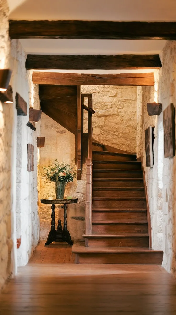 This rustic hallway, with its exposed beams and stone walls, whispers tales of generations past. A weathered wooden staircase leads upward, promising adventure. A small table, adorned with a vase of flowers, offers a moment of peaceful respite in this enchanting space.