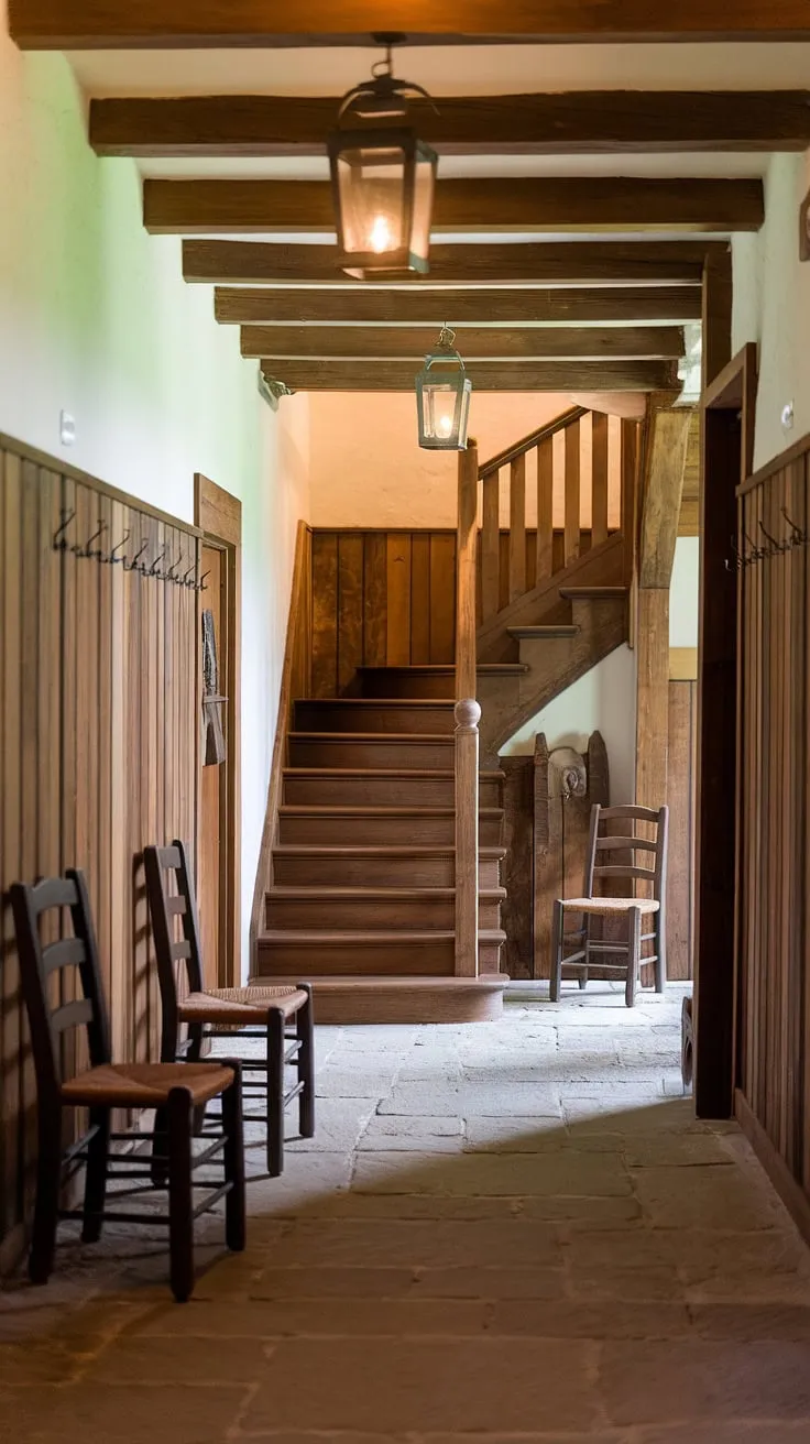 The warm glow of the lantern casts long shadows down the rustic hallway, highlighting the aged wood and stone. A quiet sanctuary, perfect for contemplation and rest. This space whispers stories of generations past.