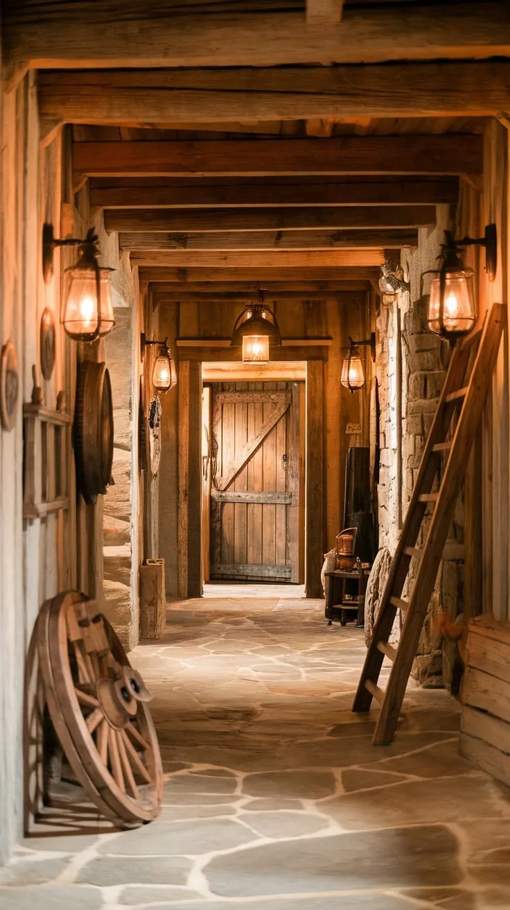 Step into a world where time slows down, where rustic charm meets vintage allure. The warm glow of the lanterns illuminates a hallway steeped in history, a testament to simpler times. A journey awaits beyond that weathered door.