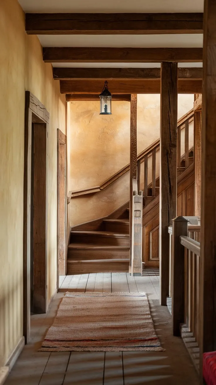 This aged wooden staircase, bathed in the soft light of a hanging lantern, leads to a haven of peace. The textured walls and comforting ambiance create a space where memories are made and cherished.
