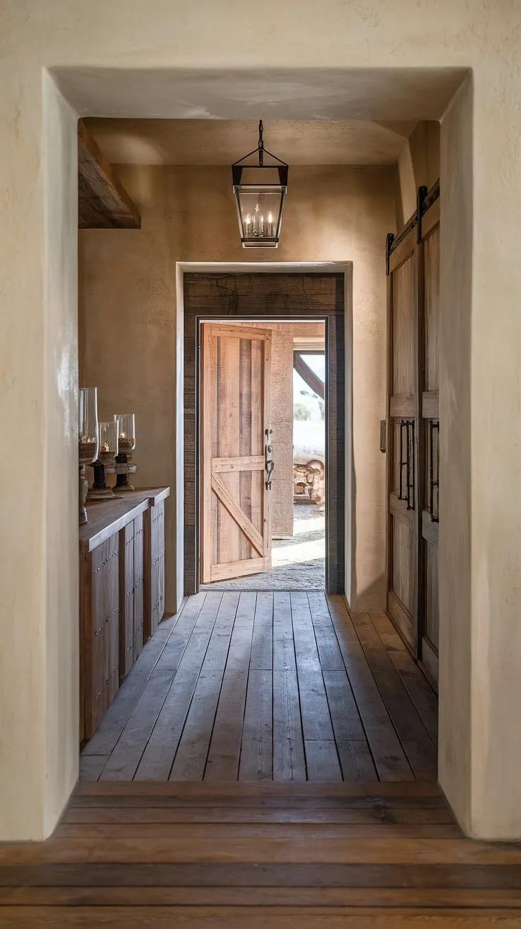 The aged wood whispers stories of generations past, a lantern's gentle glow illuminating the path to a home filled with warmth and character. This rustic hallway, with its handcrafted cabinets and textured walls, speaks volumes about the soul of this dwelling. A timeless elegance, a sanctuary of peace, a place where memories are made.