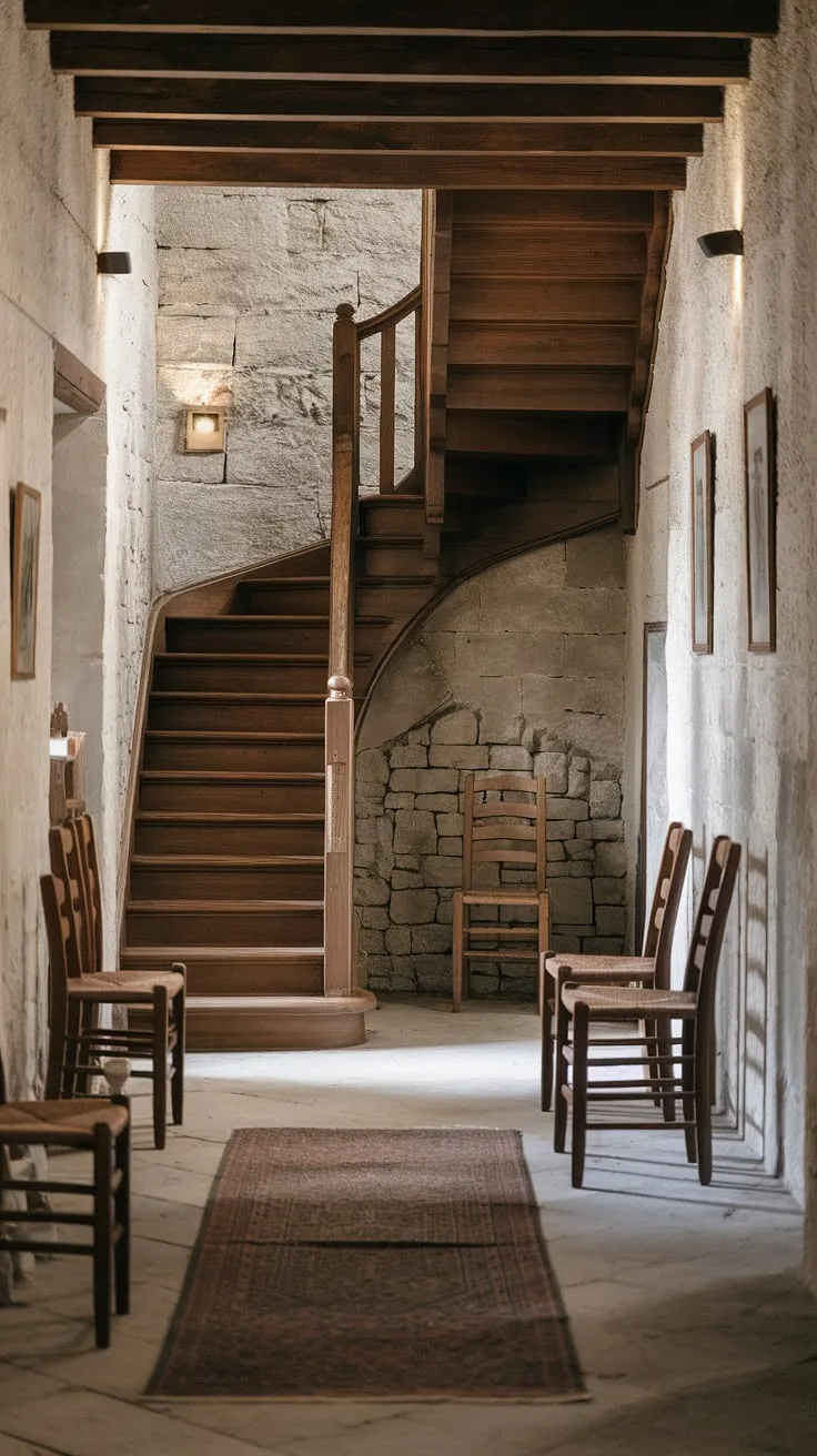 The worn rug whispers stories of generations past, each step on the aged wooden staircase echoing through this rustic hallway. A sense of quiet history hangs in the air, a testament to time's gentle hand shaping the stone walls and the simple wooden chairs. A feeling of peaceful solitude pervades this space.