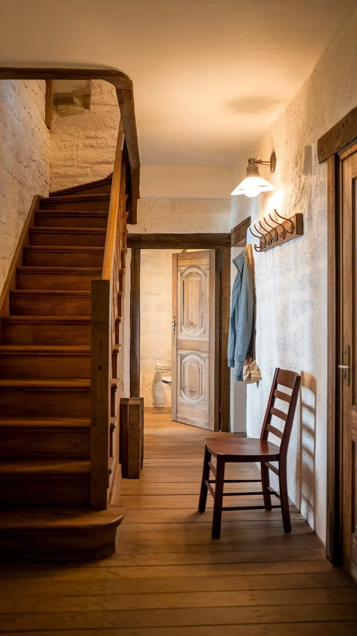 The warmth of the wood, the comforting weight of the stone, and the quiet promise of adventure awaiting beyond that door-this rustic hallway whispers tales of home. A simple chair, a coat rack, and the gentle climb of the stairs all contribute to a feeling of peaceful retreat. A perfect blend of rugged charm and inviting comfort.
