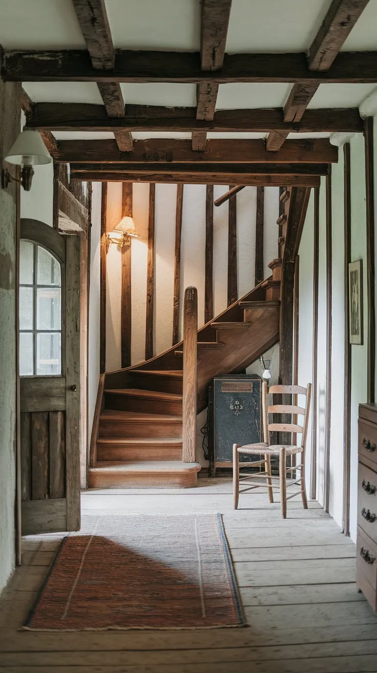 Step into a world of timeless charm. This rustic hallway, with its aged wooden staircase, exposed beams, and a worn rug underfoot, evokes a sense of peaceful history. A vintage wall lamp adds a touch of gentle light, while a rustic wooden door with a window offers a glimpse into another room, promising further exploration. A simple chair sits near the stairs, a quiet invitation to rest and reflect.