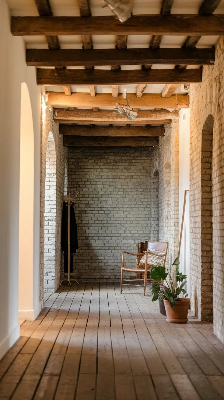 The warm glow of the setting sun paints the exposed brick walls, highlighting the rustic charm of this hallway. A simple wooden chair sits patiently, a potted plant offering a touch of life against the aged wood and brick. This space whispers stories of time gone by, a testament to enduring beauty and simple living.