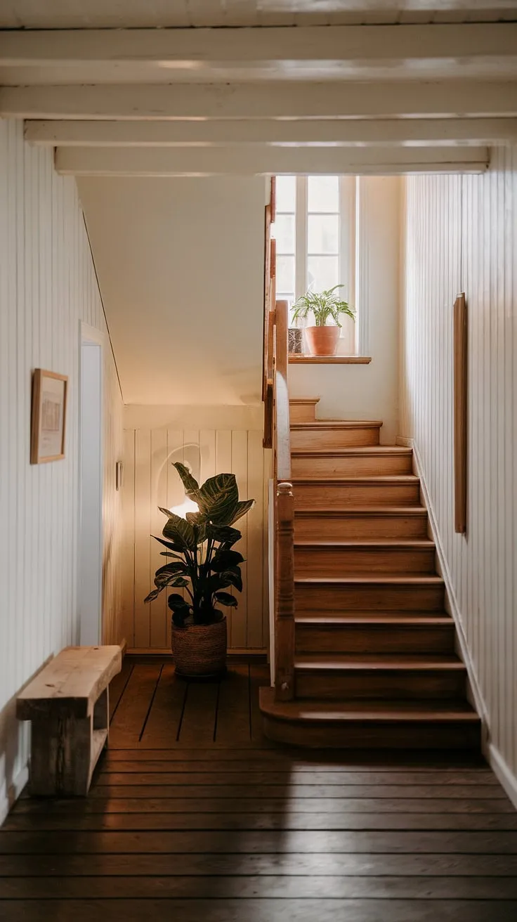 This rustic hallway, with its dark wood floors and whitewashed walls, whispers stories of quiet moments and cozy evenings. A welcoming wooden bench sits beneath a window, bathing the space in natural light, while a potted plant adds a touch of life. The aged wooden staircase leads upward, promising further exploration and inviting you to linger.