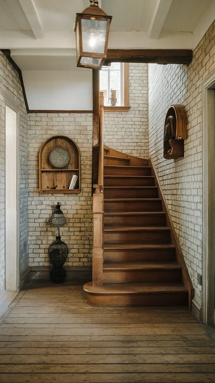 The aged wood whispers stories of generations past, each creak of the staircase a chapter unfolding. A flickering lantern casts dancing shadows on the exposed brick, illuminating the carefully curated treasures on the rustic shelves. A sense of history permeates this hallway, a testament to time's gentle hand.