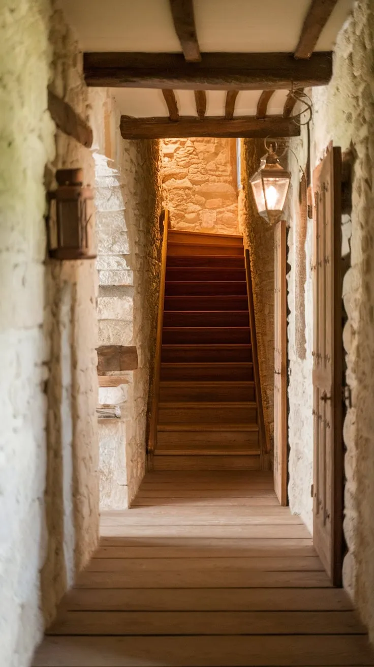 The warm glow of the vintage lantern casts a welcoming light on the rustic stone walls and aged wooden staircase, inviting you to explore what lies beyond. A sense of history whispers from every weathered plank and stone, promising a journey through time. A perfect blend of rugged charm and cozy comfort.