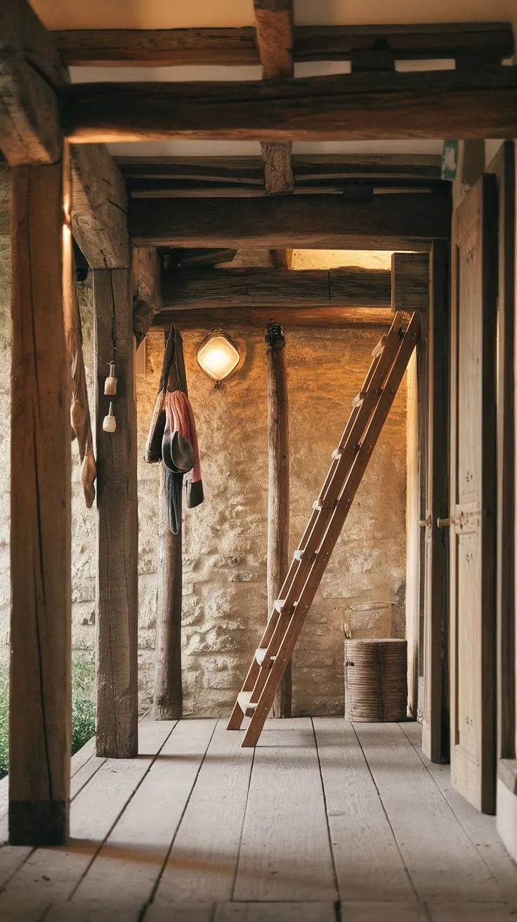 Sunlight streams through unseen windows, illuminating dust motes dancing in the air of this ancient hallway. The sturdy wooden beams and cool stone walls speak of enduring strength, while the leaning ladder and simple hanging objects hint at a life lived close to the earth. The weathered wooden floorboards, worn smooth by countless footsteps, invite a quiet contemplation. A sense of history permeates every inch of this space, a comforting embrace of the past.