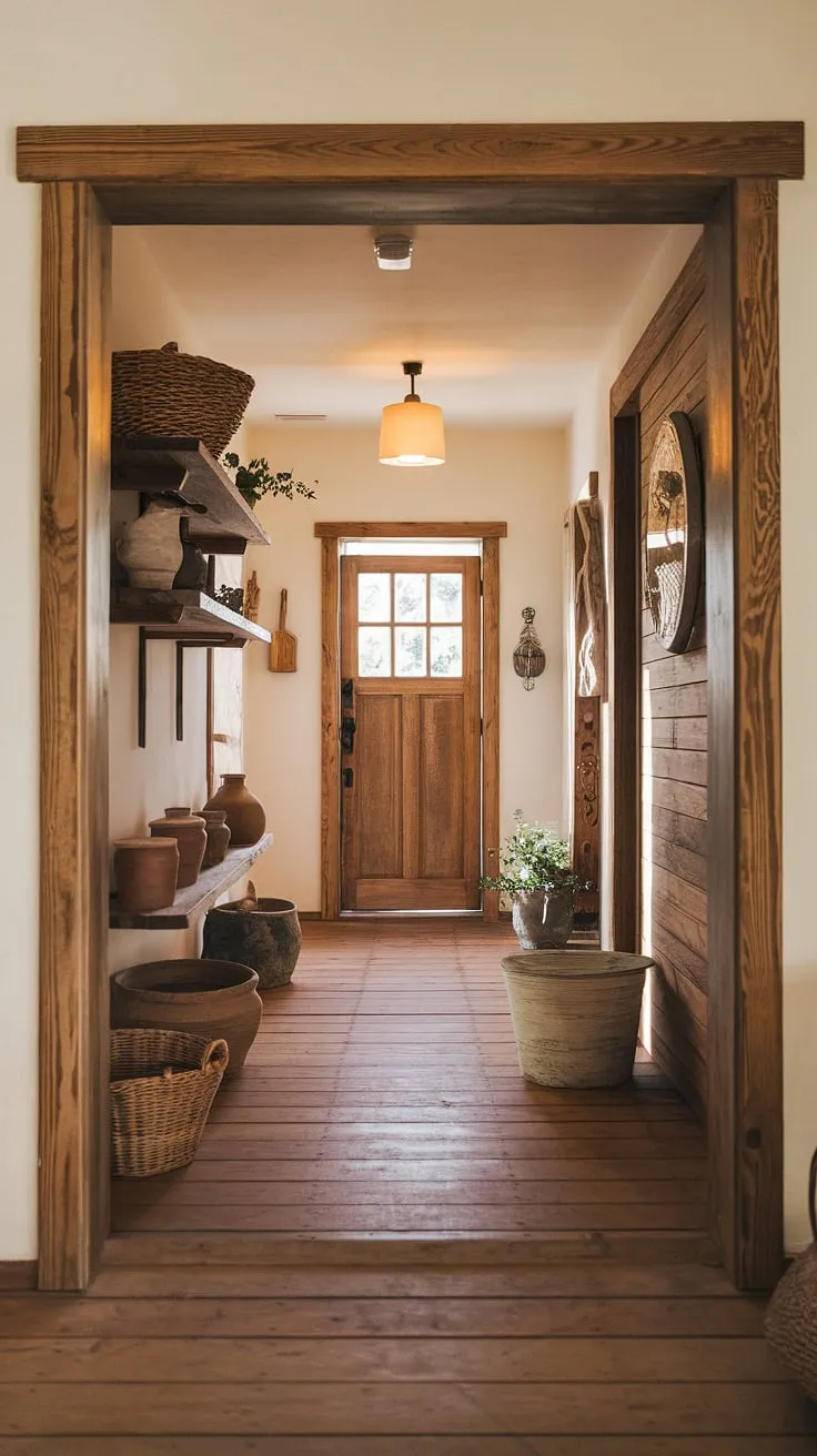 Stepping into this rustic hallway is like stepping back in time. The rich aroma of aged wood and the soft light filtering through the space create an atmosphere of tranquility. A collection of cherished objects adorns the walls, each telling a story of memories made and moments cherished. A perfect blend of rustic charm and peaceful retreat.