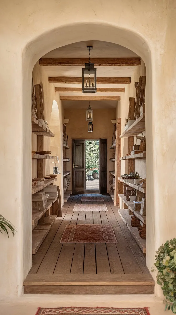 This rustic hallway, with its aged wooden shelves and soft beige walls, invites you to linger. The gentle light from the lanterns dances across the textured surfaces, creating a welcoming atmosphere that speaks of home and tranquility. A perfect blend of old-world charm and modern comfort.