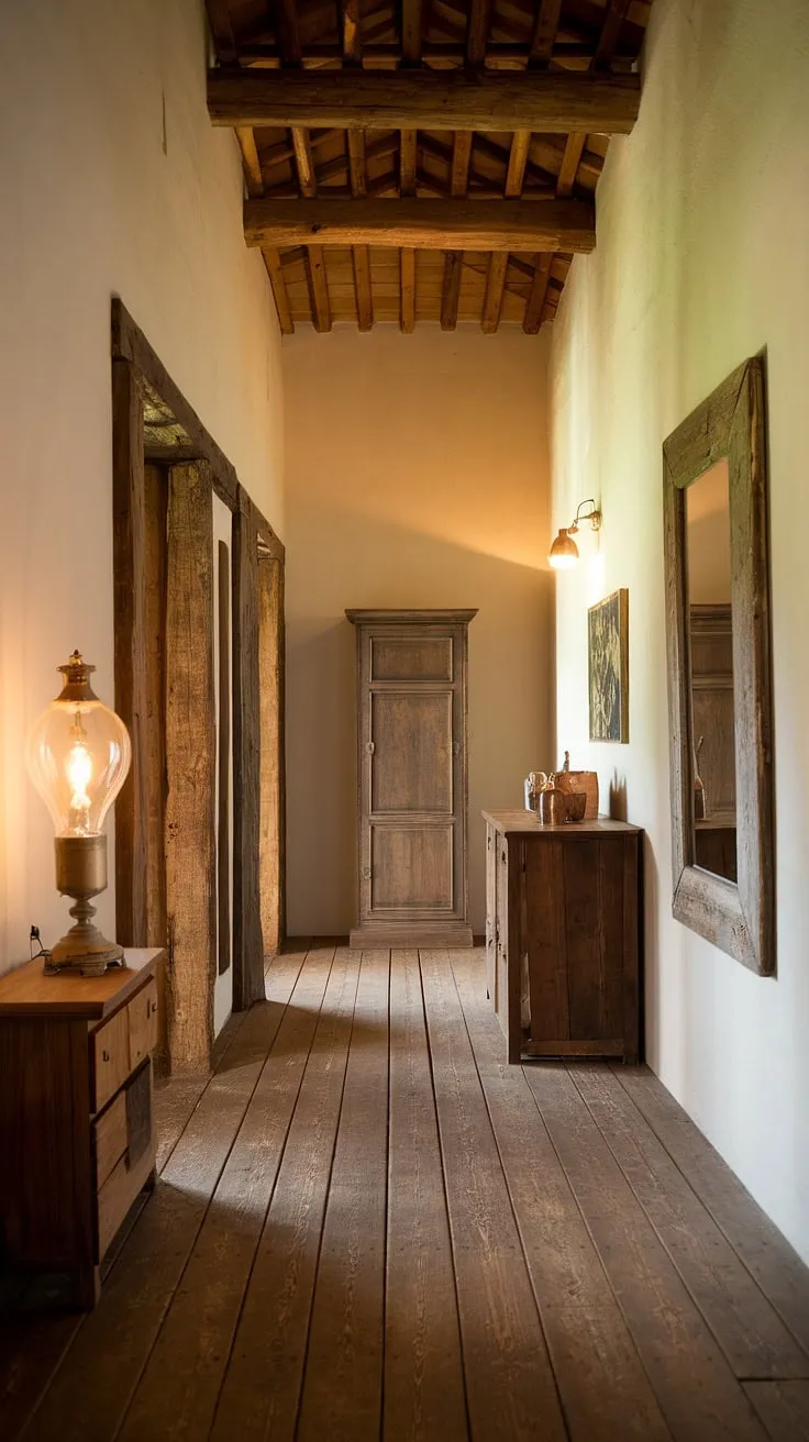 The warm glow of the vintage lamp casts long shadows across the rustic wooden floors, highlighting the rich textures of the aged walls and the antique cabinet. A sense of quiet history hangs in the air, a testament to time and craftsmanship.