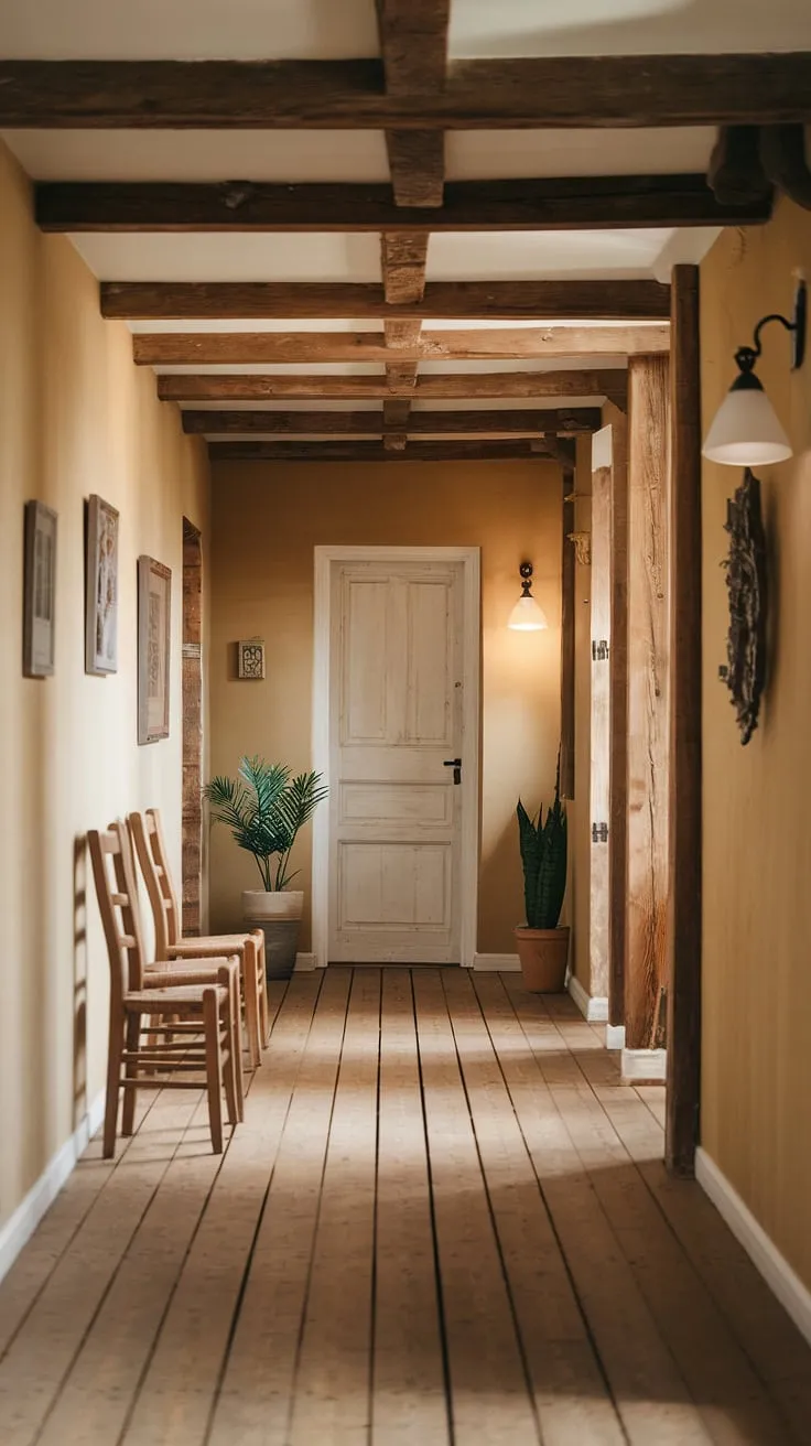 The warm glow of the setting sun paints the rustic hallway in soft hues, highlighting the aged wood and the quiet comfort of this space. A simple life, lived well. A sense of peace permeates the air, a testament to the beauty found in the everyday. A perfect retreat.