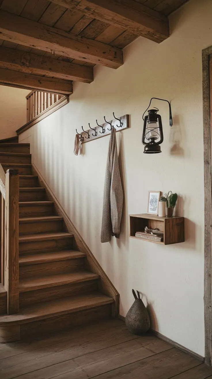 The scent of pine and aged wood fills this rustic hallway, a testament to simpler times. A worn lantern casts a warm glow, illuminating the handcrafted details and the quiet stories held within these walls. A perfect blend of comfort and character.