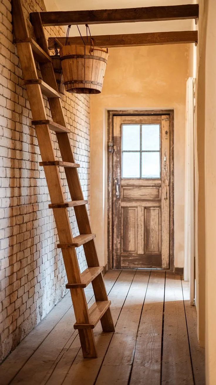 The warm glow of the setting sun paints the rustic hallway, illuminating the wooden ladder leaning against the aged brick. A few weathered buckets hang from its top rung, hinting at stories held within this charming space. The aged wooden planks underfoot and the inviting doorway ahead beckon exploration. A sense of quiet history permeates the air, a testament to time's gentle touch.