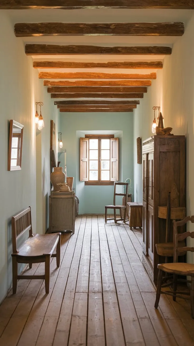 A gentle blue hue washes over the weathered wood of this hallway, where time seems to slow. The simple elegance of the wooden bench, chair, and cabinet, combined with the rustic beams and window, evokes a sense of peaceful solitude. A truly inviting space.