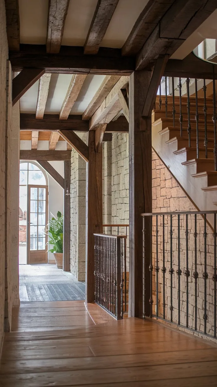 The aged wood whispers stories of generations past, its warmth contrasting beautifully with the cool stone. A comforting stillness hangs in the air, punctuated only by the gentle creak of the wooden staircase, a pathway leading to untold adventures within. A rustic charm, a timeless elegance, a home filled with history.