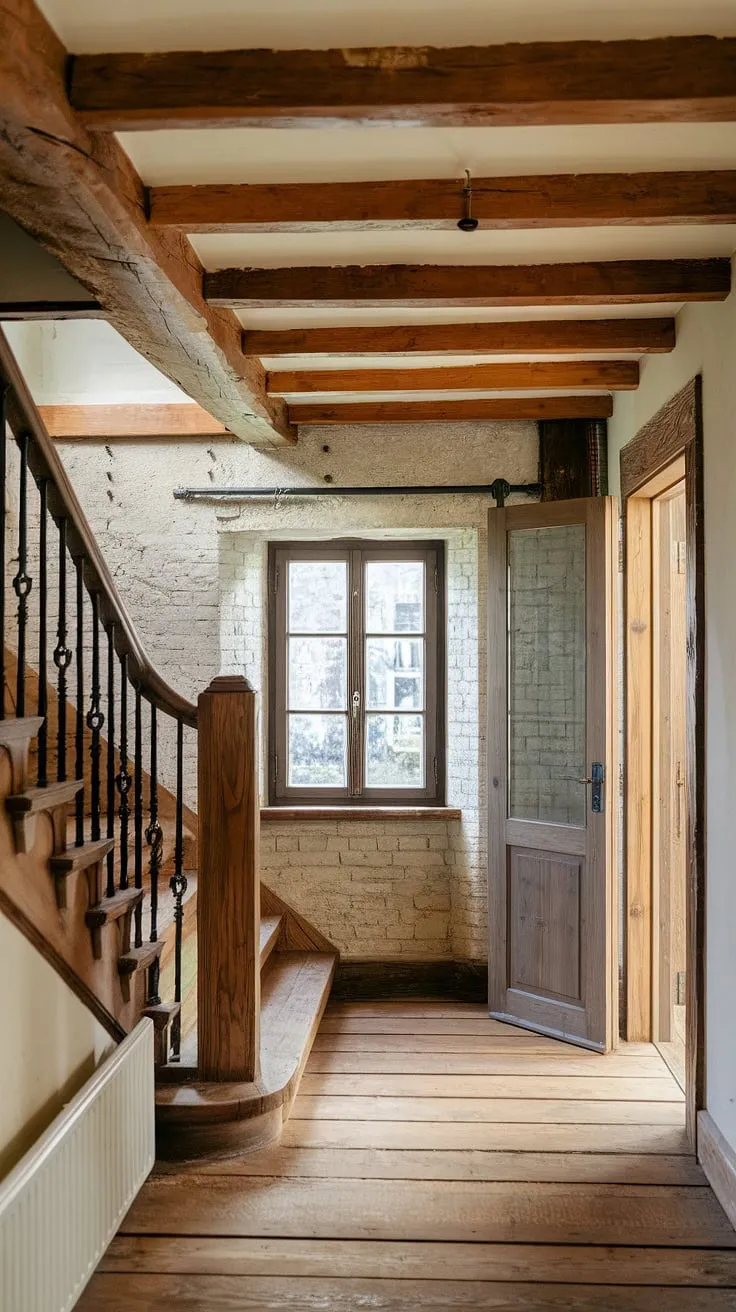The aged wood whispers stories of generations past, each creak of the staircase a chapter unfolding. A comforting rusticity permeates this hallway, the exposed brick and wrought iron a testament to enduring strength. A sense of home, warm and inviting, settles in the heart.