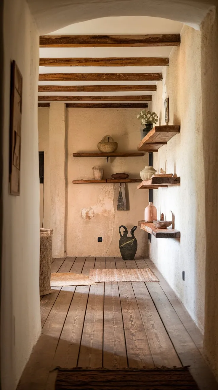 Stepping into this home is like stepping back in time. The rough-hewn walls, exposed beams, and antique pottery on the wooden shelves whisper tales of generations past. A feeling of tranquility and warmth pervades this inviting hallway, a testament to the beauty of imperfection.