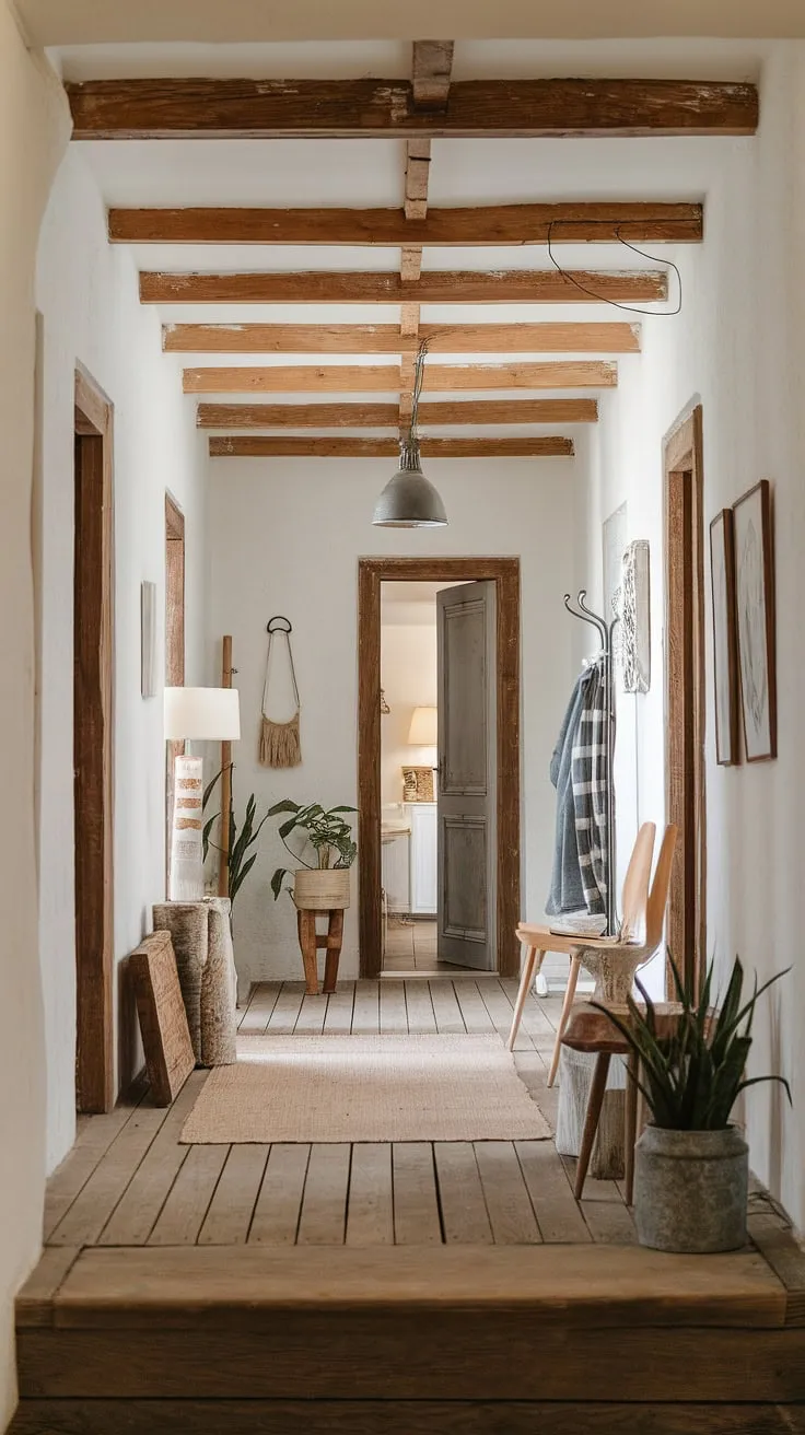 The warm glow of the lamp illuminates the rustic charm of this hallway, its aged wooden beams and whitewashed walls whispering tales of time gone by. A simple wooden chair, a verdant planter, and a coat rack add to the home's inviting atmosphere, creating a space where comfort and history intertwine.
