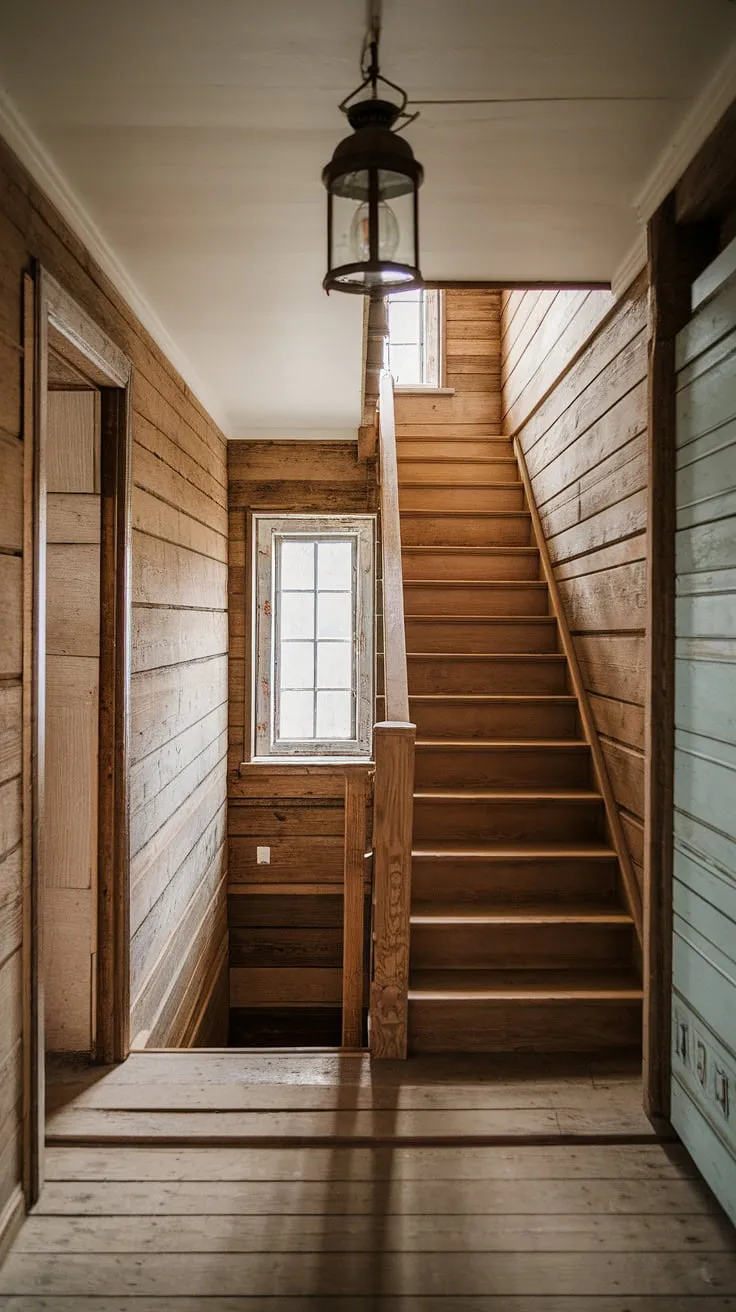 The scent of aged wood and untold stories hangs heavy in the air, a vintage lantern casting a warm glow on the worn wooden planks. This rustic hallway, with its creaking staircase and glimpse of the outside world through the aged window, whispers of a life lived simply and richly. A journey awaits.