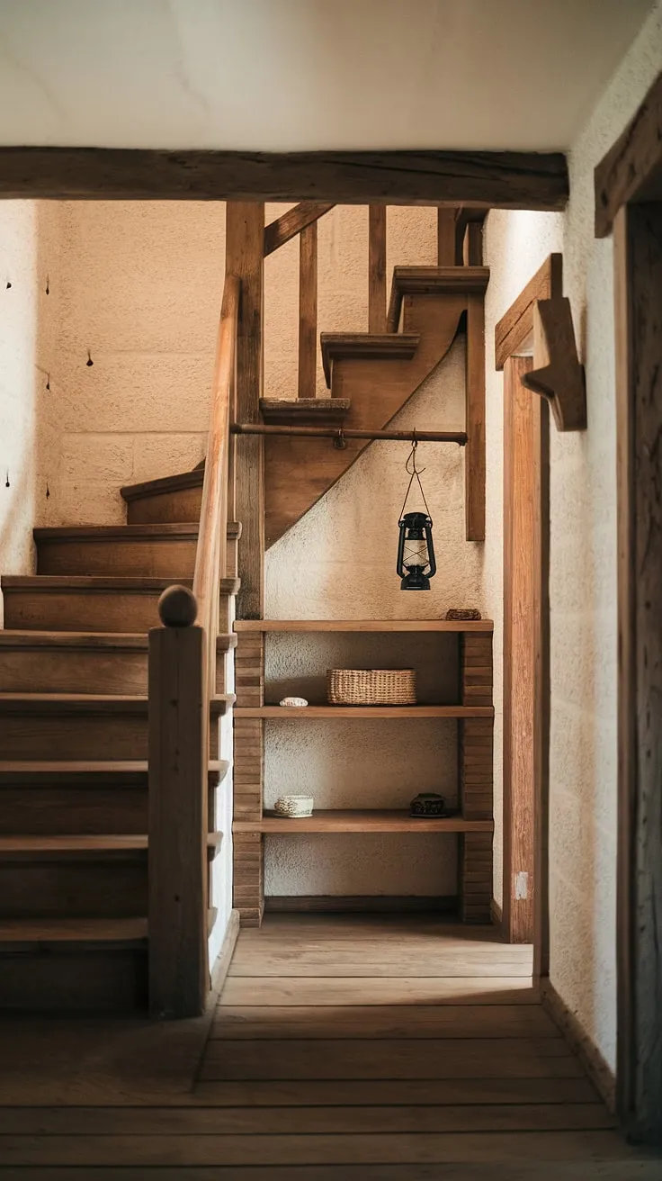 The scent of pine and aged wood hangs heavy in the air, a comforting warmth emanating from the rustic stone walls and the gentle glow of the lantern. This hallway, with its worn wooden staircase and simple shelves, whispers tales of generations past.