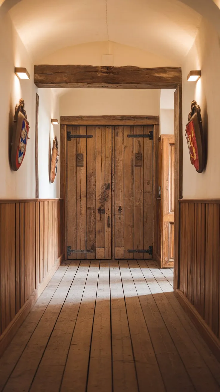A timeless hallway, bathed in the soft light of day. The rich wood paneling, adorned with the proud coats of arms of noble families, speaks volumes of heritage and tradition. A heavy oak door stands at the end, promising secrets and adventures beyond. A captivating glimpse into a bygone era.