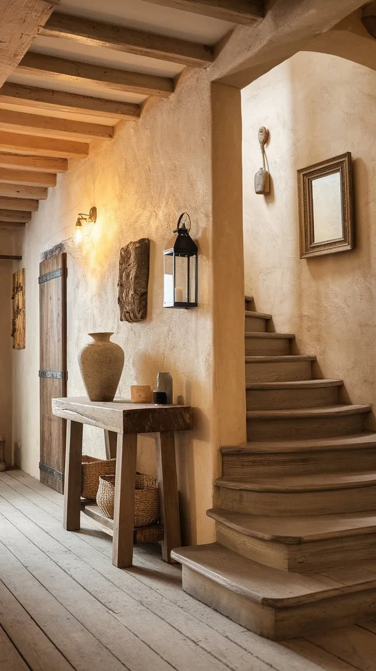 The warm glow of the lantern casts a comforting light on the rustic hallway, its aged wooden planks whispering tales of time gone by. A sense of quiet elegance pervades the space, enhanced by the textured walls and the simple beauty of the wooden staircase and console table, a perfect blend of a comfort and understated charm.