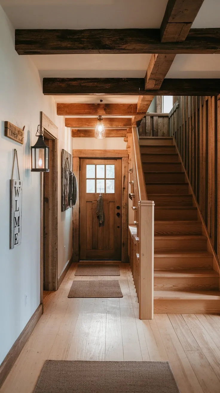 This rustic hallway, with its exposed wooden beams and welcoming "Welcome" sign, invites you to explore. The soft lighting and charming details, like the hanging lantern and the inviting staircase, create a sense of peace and tranquility. A truly captivating space, full of character and warmth.