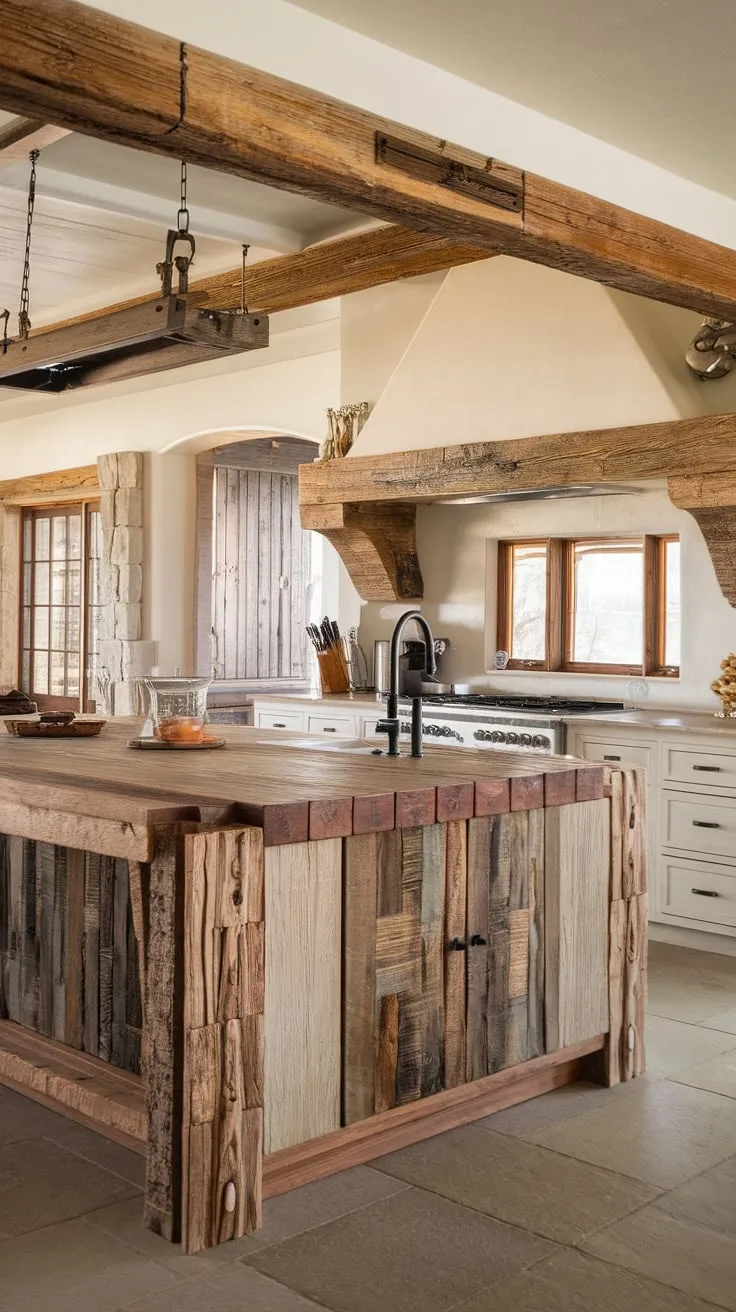 The heart of the home: a stunning rustic kitchen island crafted from reclaimed wood takes center stage. Its aged beauty complements the whitewashed cabinets, creating a warm and inviting atmosphere. A space where memories are made, and meals are savored.